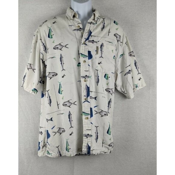 Columbia White Fishing Ocean Fish Button Down Shirt Size Medium - Picture 2 of 11